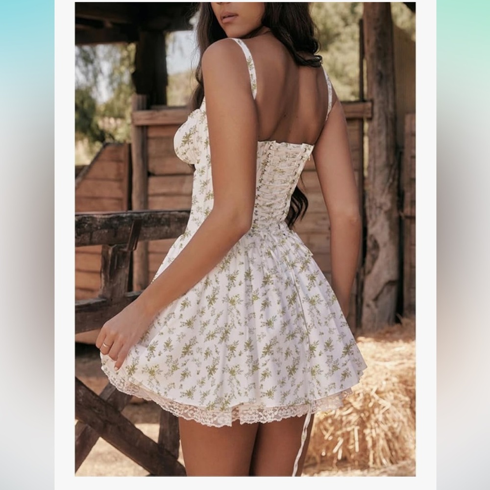 Cute White and Green Floral Mini Dress